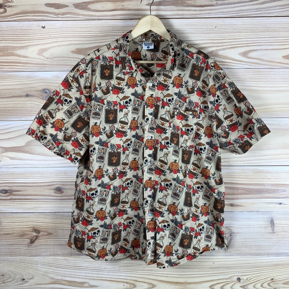Creepy Co Shirt Mens 3X Tan Horror Tiki Skull‎ Zombie Pumpkin Short Sleeve